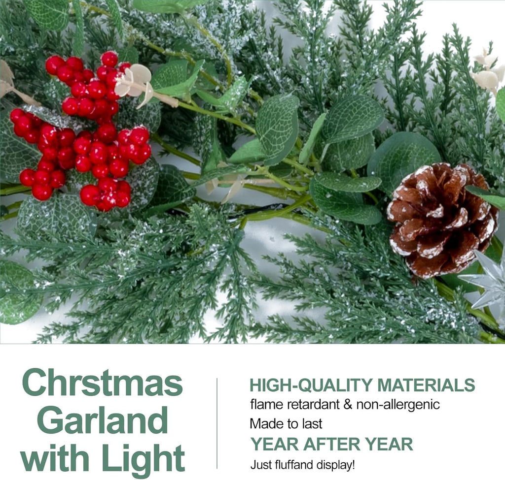 6.5FT Christmas Garland with Star Lights,Prelit Christmas Decorations,Lighted Garland with Battery Operated,Denser Realistic Eucalyptus Greenery Home Decor for Mantle Fireplace Table Indoor Outdoor