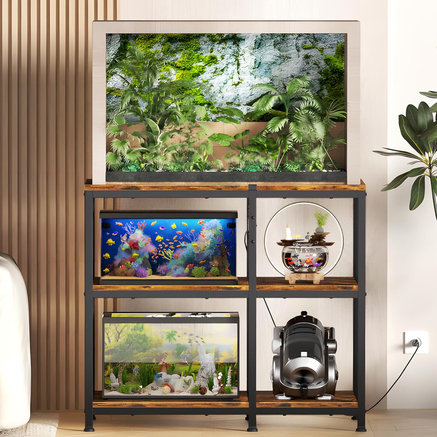 Reinforced 40-50 Gallon Aquarium Stand with Power Outlet | Ultra-Stable 750LBS Capacity Metal Fish Tank Stand for Reptile/Aquatic Setups, 5-Tier Adjustable 37"x19" Steel Shelving System