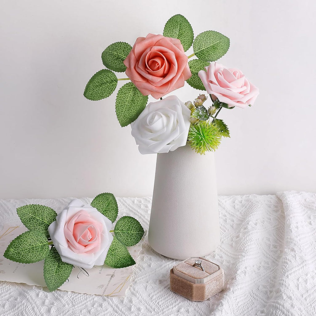 AmyHomie 25pcs Real Looking Artificial Shades of Blush Roses w/Stem for DIY Wedding Bouquets Centerpieces Arrangements Party Baby Shower Valentines Day Christmas Tree Decorations