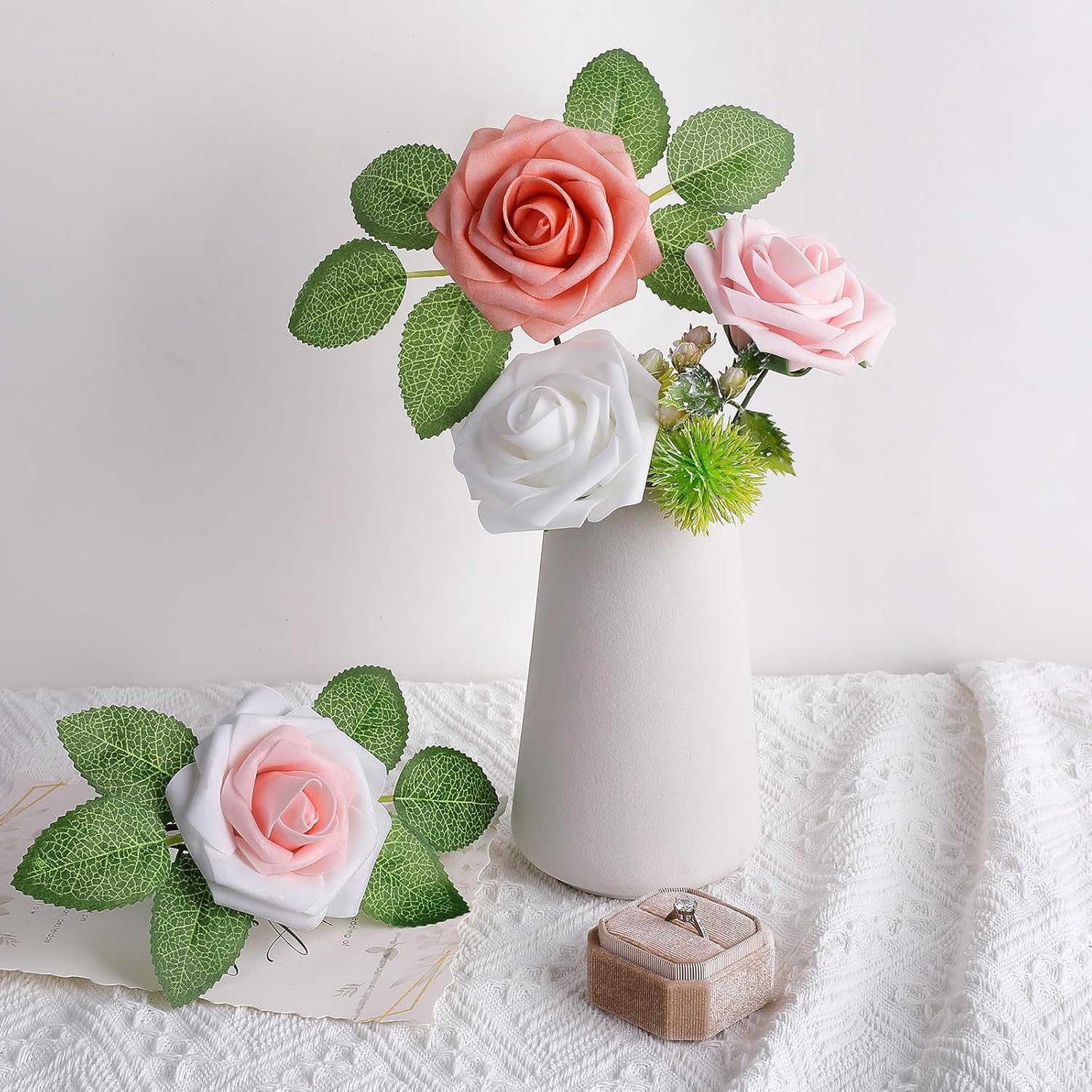 AmyHomie 25pcs Real Looking Artificial Shades of Blush Roses w/Stem for DIY Wedding Bouquets Centerpieces Arrangements Party Baby Shower Valentines Day Christmas Tree Decorations