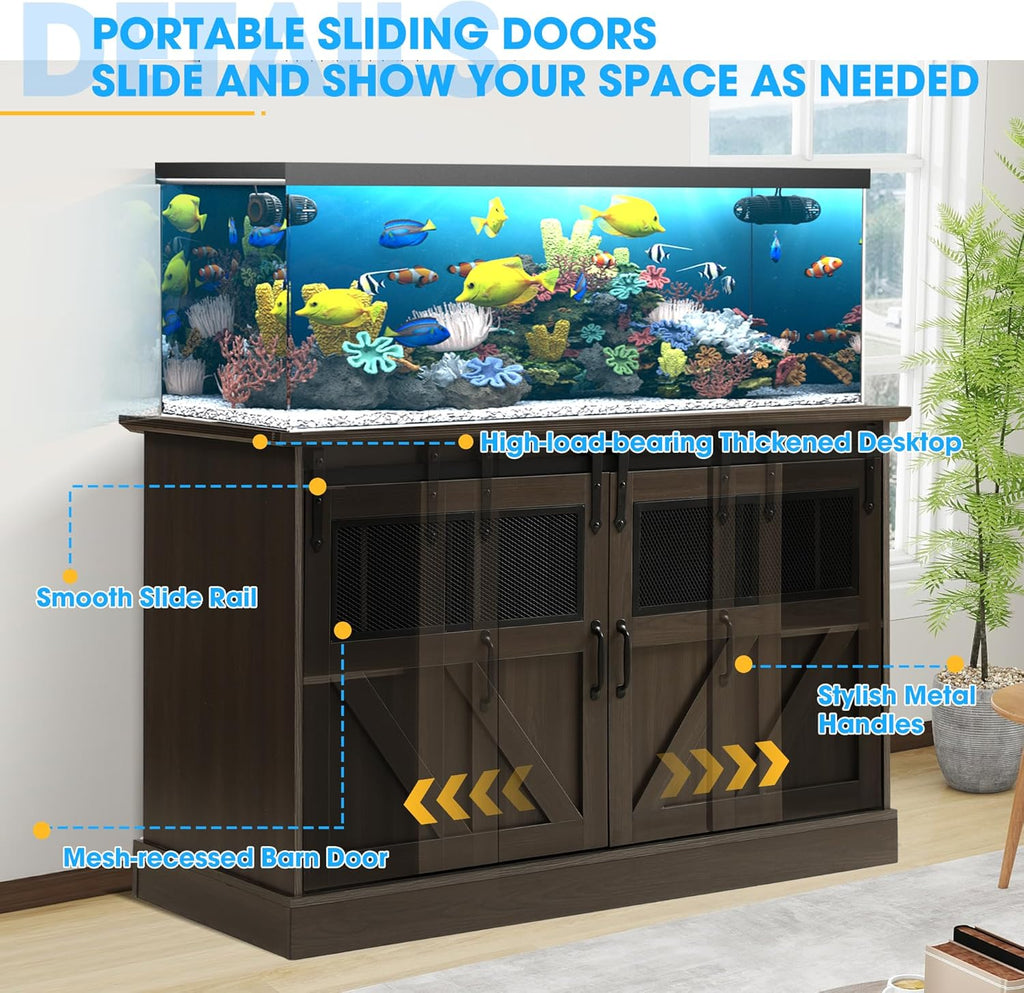 TITIMO 55-75 Gallon Fish Tank Stand with Power Outlet, Heavy Duty Large Aquarium Stand with Sliding Barn Door and Cabinet Storage for 2 Fish Tank Turtle Tank Reptile Terrarium, 1300LBS Capacity(Brown)