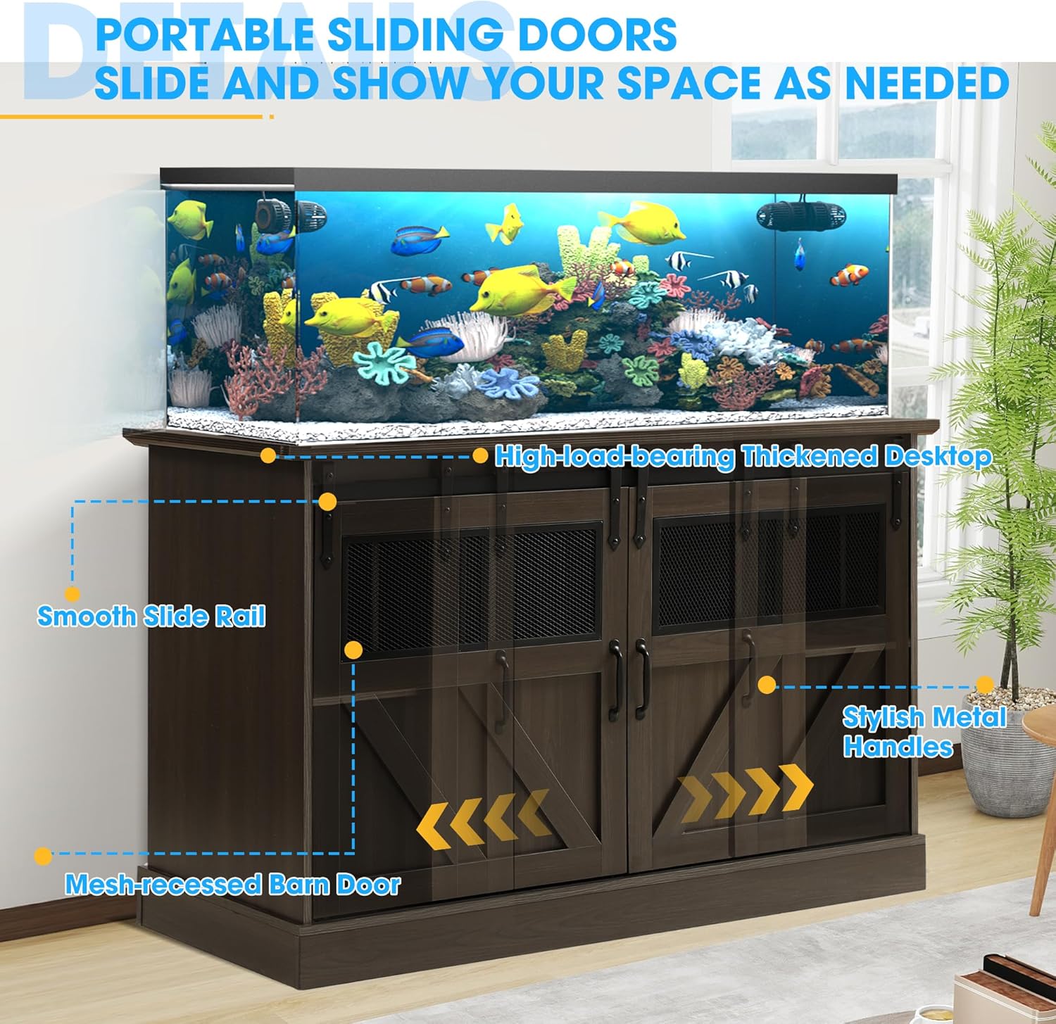 TITIMO 55-75 Gallon Fish Tank Stand with Power Outlet, Heavy Duty Large Aquarium Stand with Sliding Barn Door and Cabinet Storage for 2 Fish Tank Turtle Tank Reptile Terrarium, 1300LBS Capacity(Brown)
