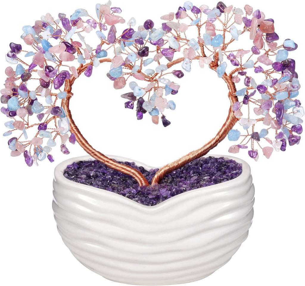 GEHECRST Healing Crystal Heart Tree Handmade Amethyst Rose Quartz Aquamarine Crystal Gemstone Money Tree Feng Shui Ornament for Home Office Desk Decor Gifts for Mom Women Christmas