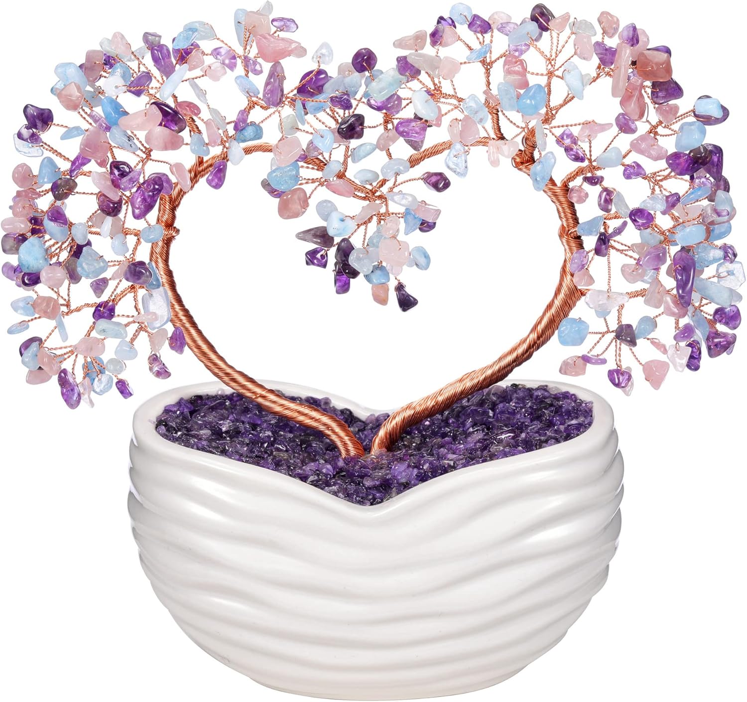 GEHECRST Healing Crystal Heart Tree Handmade Amethyst Rose Quartz Aquamarine Crystal Gemstone Money Tree Feng Shui Ornament for Home Office Desk Decor Gifts for Mom Women Christmas
