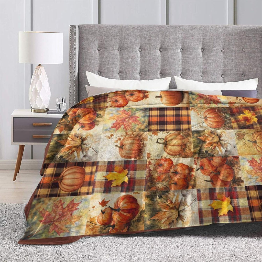 Fall Pumpkin Blanket Autumn Maple Leaf Throw Blanket Plaid Thanksgiving Orange Flannel Stuff Merch Cozy Decor Fleece Soft Plush Fuzzy Warm Lightweight Bedding Gifts for Women Girls Couch 80"X60"