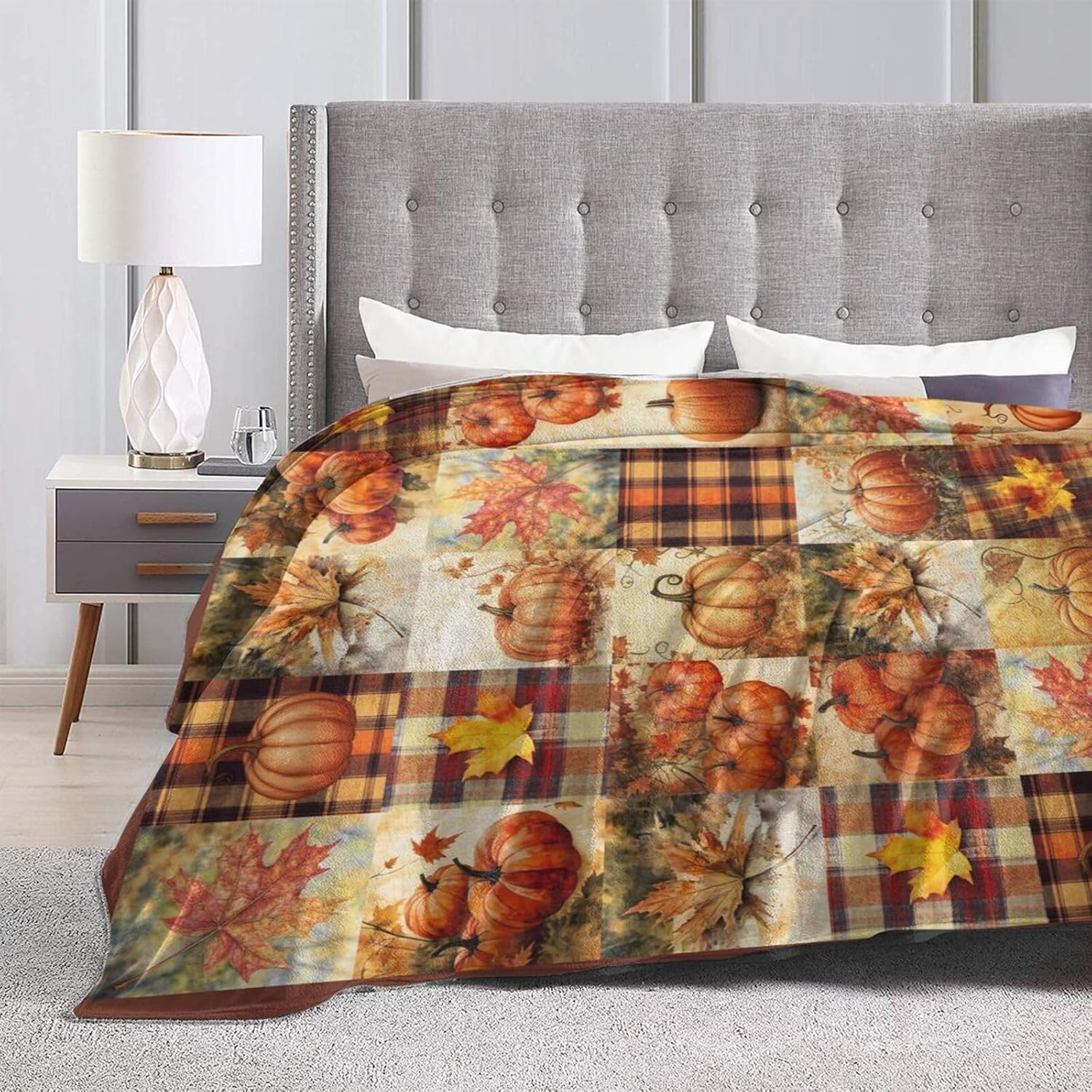 Fall Pumpkin Blanket Autumn Maple Leaf Throw Blanket Plaid Thanksgiving Orange Flannel Stuff Merch Cozy Decor Fleece Soft Plush Fuzzy Warm Lightweight Bedding Gifts for Women Girls Couch 80"X60"
