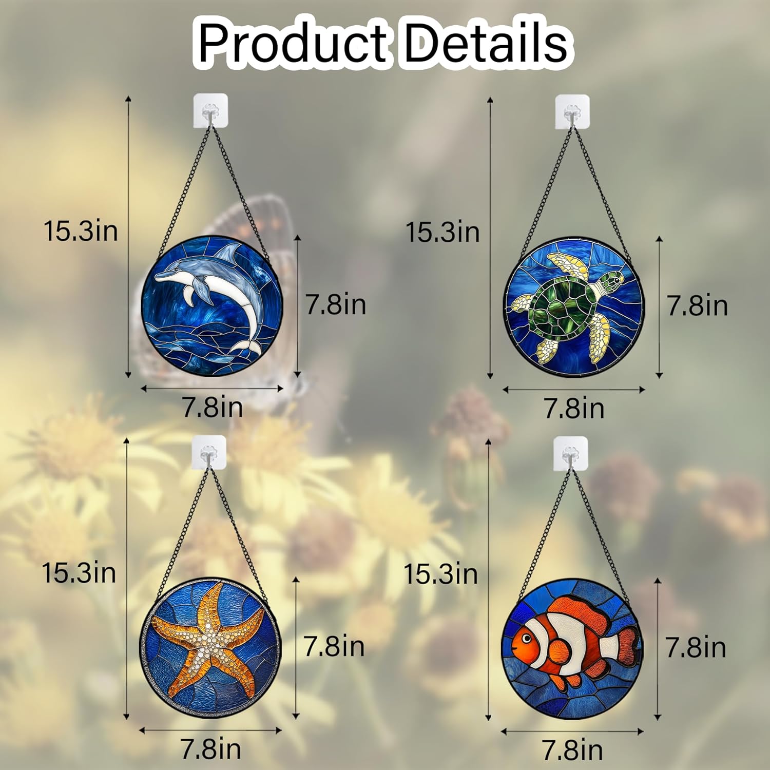 Stained Glass Window Hanging 4 Pcs Set Blue Ocean Turtle Dolphin 7.8" - Marine Life Suncatcher Garden Sun Catcher Decor Birthday Mother's Day for Mom Woman Nana Men