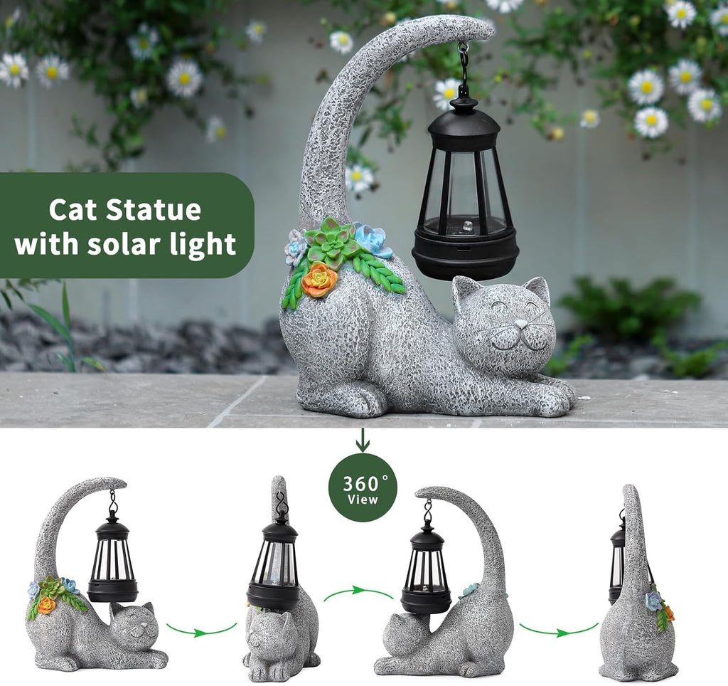 Garden Cute Cat Gnome Statue Decorations - Solar Resin Cat wtih Solar Garden Lights Outdoor Decorations Waterproof for Patio,Yard,Lawn,