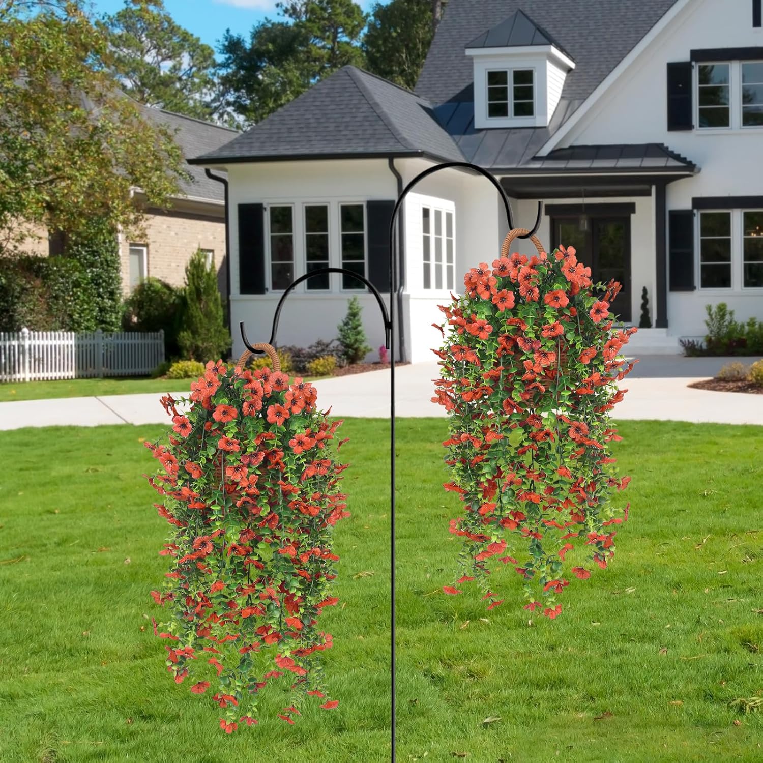 3 PCS Artificial Fake Hanging Flowers Plants with Basket for Spring Outdoor Outside Decoration, UV Resistant Faux Plastic Fabric Flower for Garden Porch Patio Balcony Yard Decor（Orange）