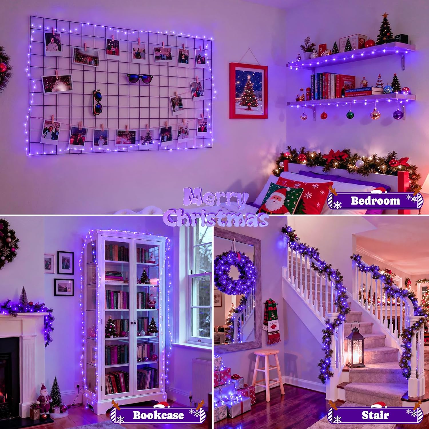 JMEXSUSS 2 Pack Christmas Fairy Lights Battery Operated, Total 400 LED 132ft Purple Christmas String Lights Indoor with Remote, 8 Modes Copper Wire Twinkle Lights for Bedroom Wall Tree Decor