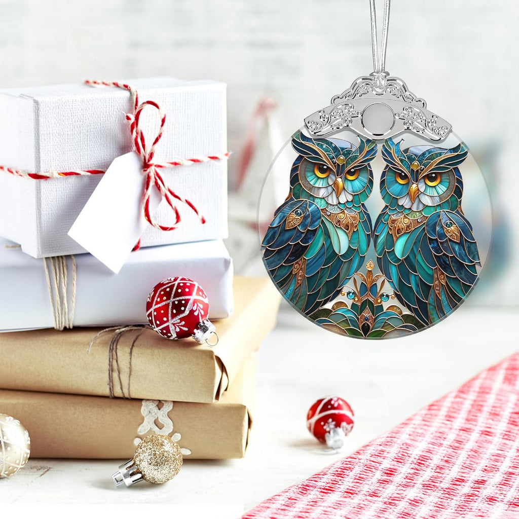 Christmas Ornament, 2025 Ornaments for Christmas Tree, Stained Glass Hanging Ornament, Holiday Ornaments, Unique Gift Idea - A Pair of Owls
