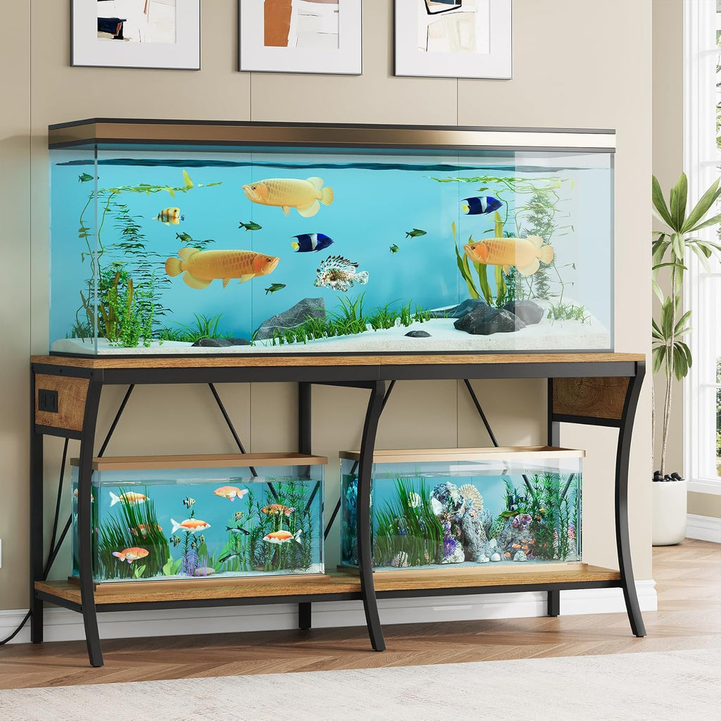 55-90 Gallon Fish Tank Stand with Power Outlets, 2-Tier Aquarium Stand with LED Light Strip & Open Storage Shelves, Heavy Duty Metal Table for Reptile Tank, 1150 LBS Capacity, Light Brown and Black