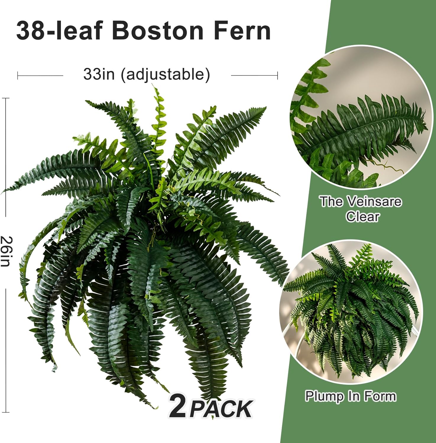 Artificial Boston Fern Plants 2 Pack 38 Leaves 33' Large Artificial Ferns Realistic Fake Hanging Ferns Faux Greenery for Indoor Outdoor Decor Home Office Porch
