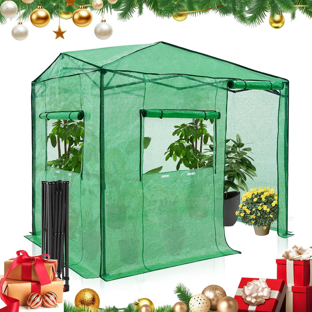 EAGLE PEAK Instant Pop-up Greenhouse, Indoor Outdoor Plant Gardening Green House, Roll-Up Zipper Doors and Side Windows, Walk in 8x6 ft, Green/Clear