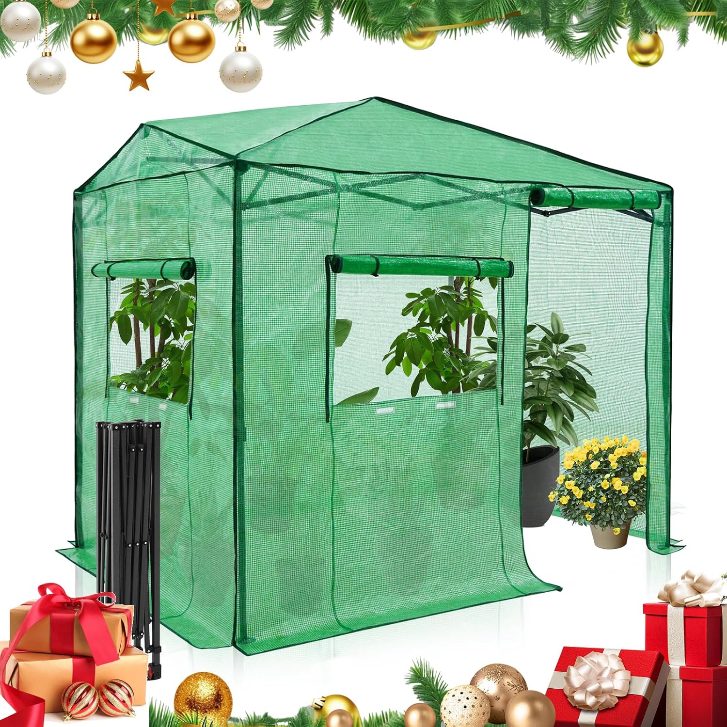 EAGLE PEAK Instant Pop-up Greenhouse, Indoor Outdoor Plant Gardening Green House, Roll-Up Zipper Doors and Side Windows, Walk in 8x6 ft, Green/Clear