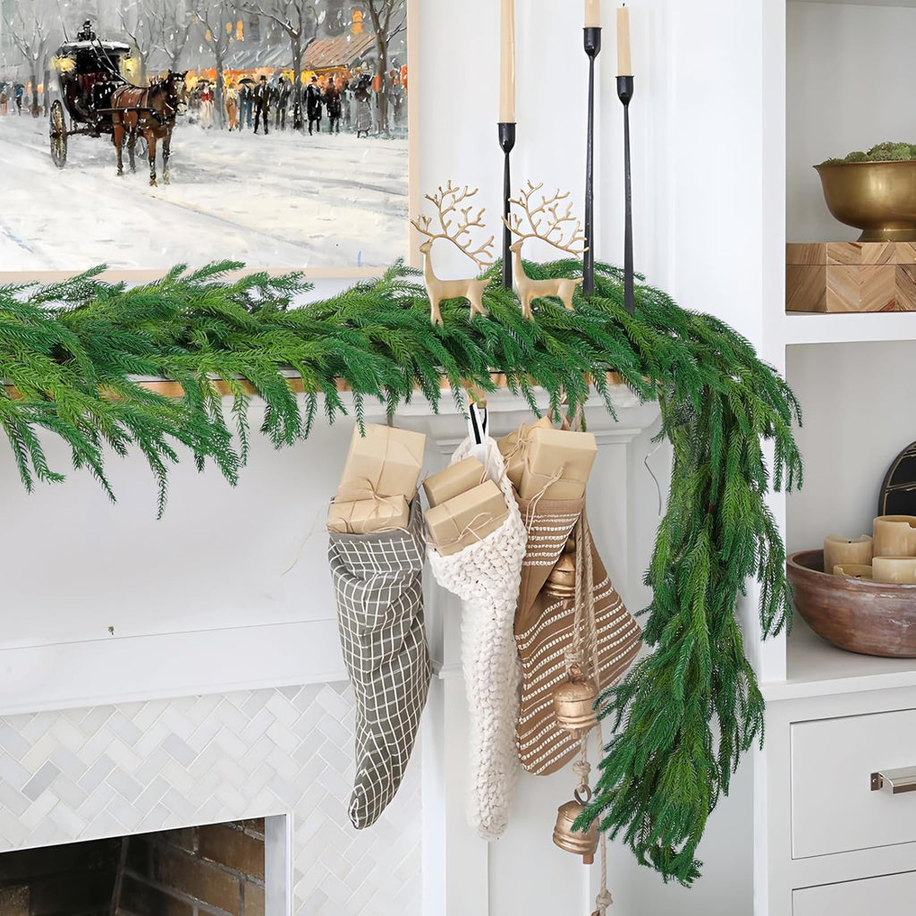 Hananona 2 Pcs 6 Ft Artificial Norfolk Pine Garlands, Realistic Pine Garland, Green Artificial Greenery Garland for Table, Mantle, Wall, Indoor, Outdoor Winter Christmas Decorations (2, 6 FT)