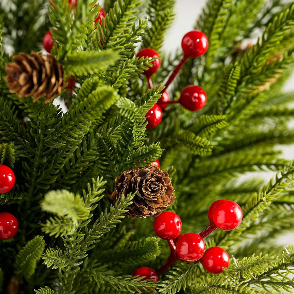 YIYA Christmas Artificial Pine Branches Artificial Norfolk Pine Stems with Red Berry Stems Faux Pine Needles with Pine Cones for Vase Garland Wreath Xmas Decor