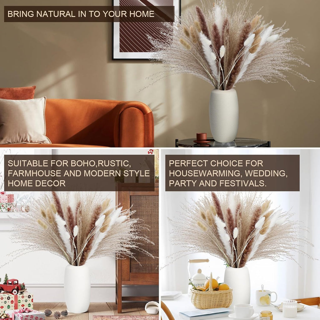 120PCS Dried Pampas Grass Decor – Bunny Tail Grass, White & Brown Reed Plumes, Tall Fluffy Boho Vase Filler for Rustic Wedding, Japandi Home, Shelf & Centerpiece Styling Festival Decor
