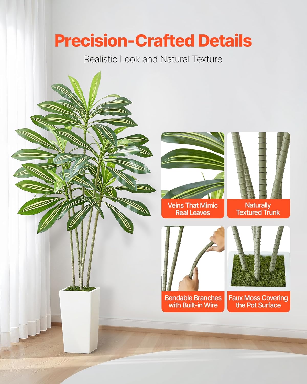 VEVOR Artificial Dracaena Tree 6 ft, Fake Palm Tropical Plants with White Tall Planter, Faux Floor Silk Plant in Pot, Large Trees for Home Office Living Room Decor House Warming, Indoor Outdoor