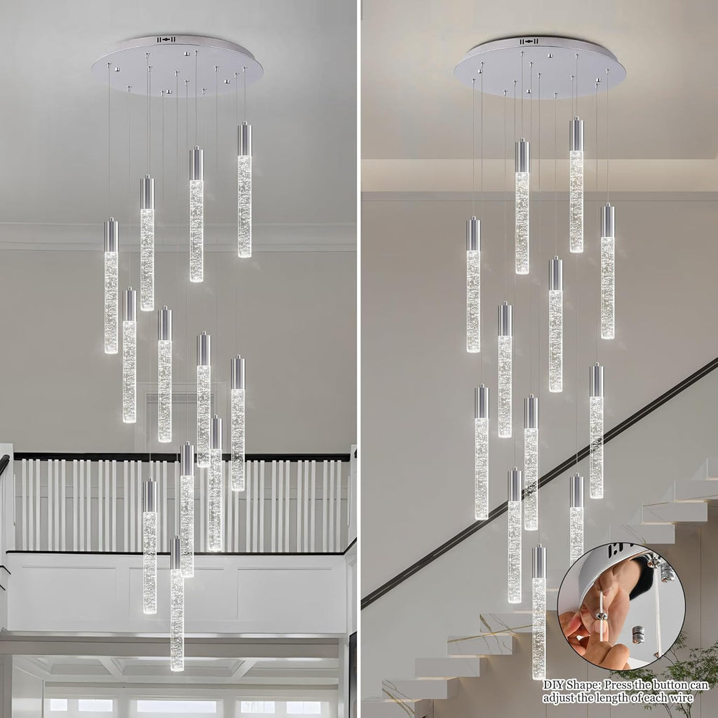 Modern High Ceiling Crystal Chandelier 12-Lights, Large Spiral LED Raindrop Foyer Pendant Lighting, Bubble Staircase Living Room Hanging Light Fixture Flush Mount Chrome