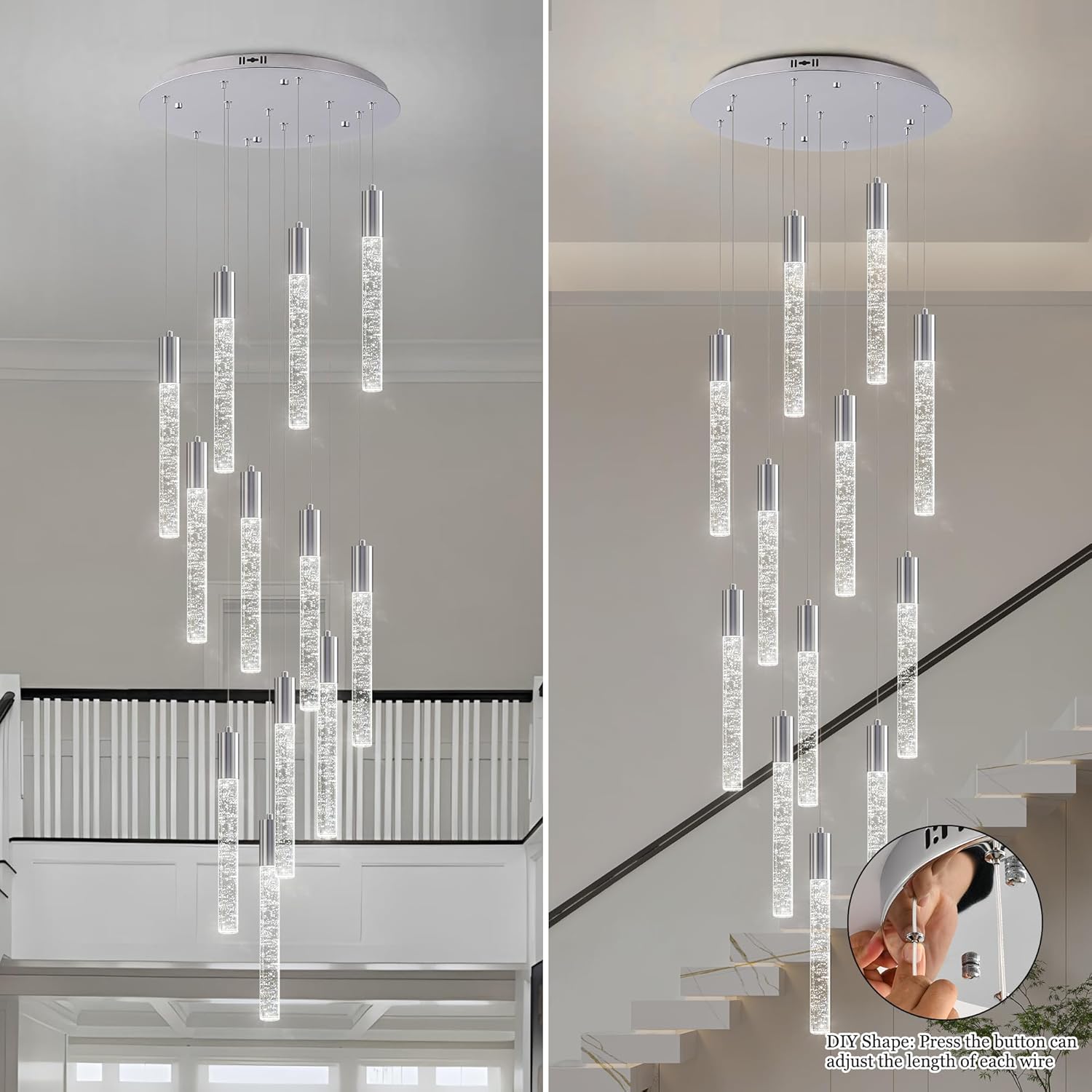 Modern High Ceiling Crystal Chandelier 12-Lights, Large Spiral LED Raindrop Foyer Pendant Lighting, Bubble Staircase Living Room Hanging Light Fixture Flush Mount Chrome