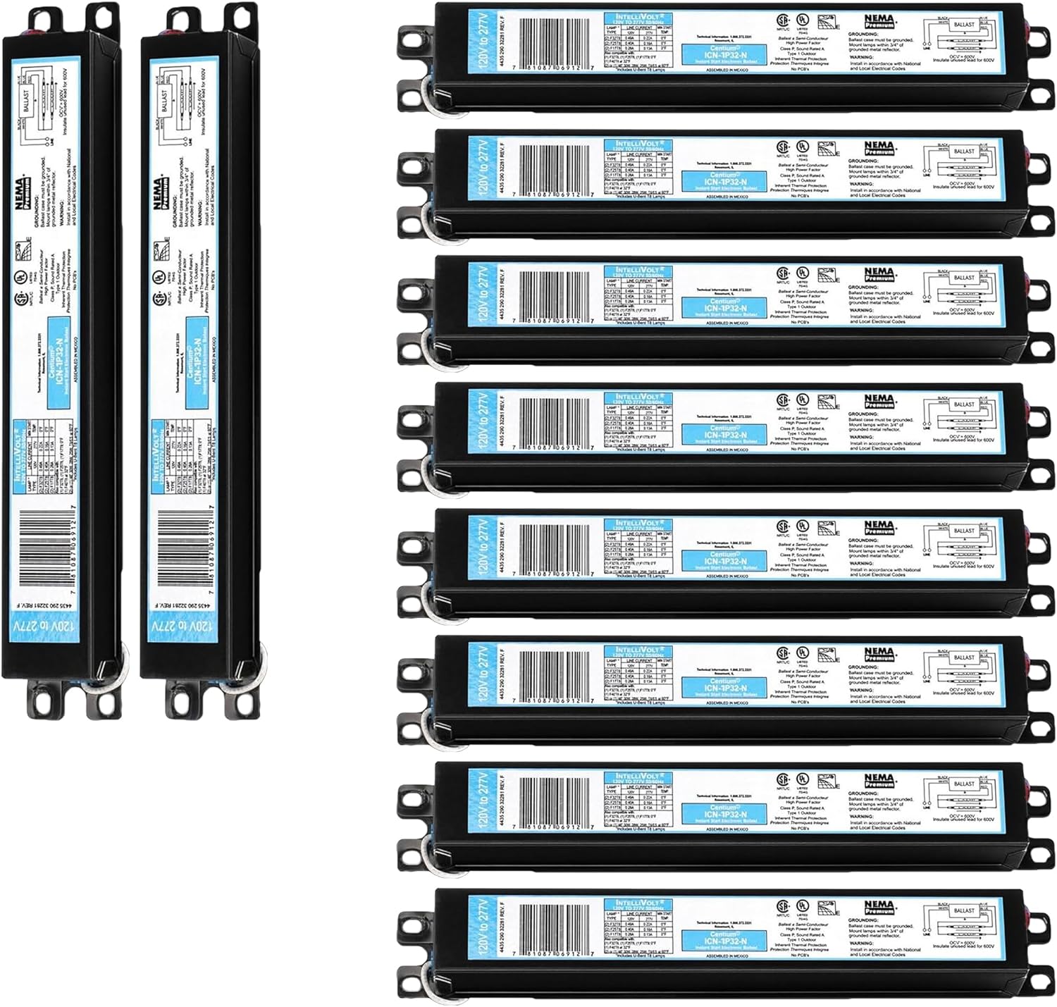 ICN1P32N, 120-277V, 50-60Hz Input Frequency, Solid Wire Type, Instant Start Centium Electronic Fluorescent Ballast for 1 F32T8 Lamp Type, Indoor/Outdoor Use with Automatic Restart Ballast Box, 10 Pack