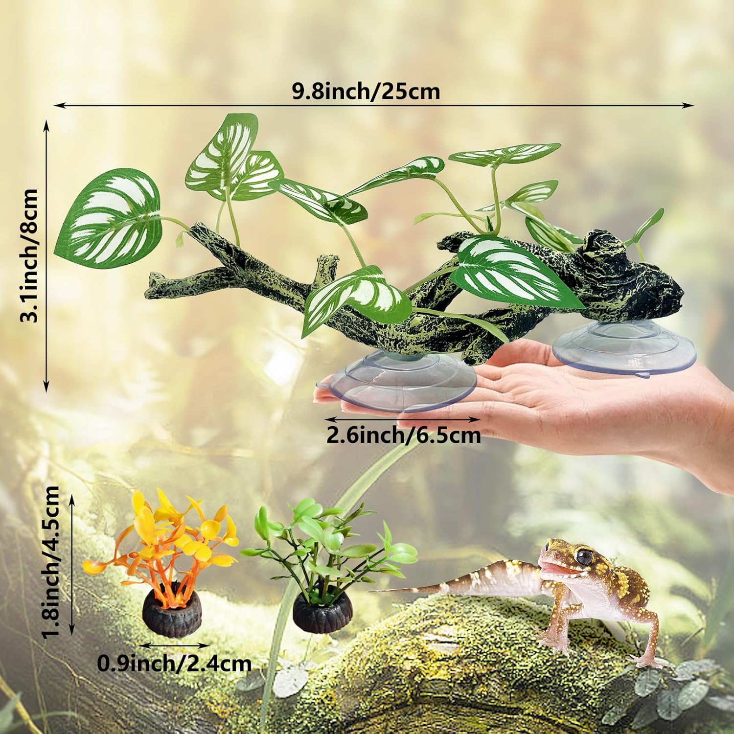 kathson 4 PCS Reptile Corner Branch Resin Snake Climb Tree Branch Decor Reptile Branches for Climbing with Suction Cups Frog Terrarium Plants for Lizard Bearded Dragons Gecko
