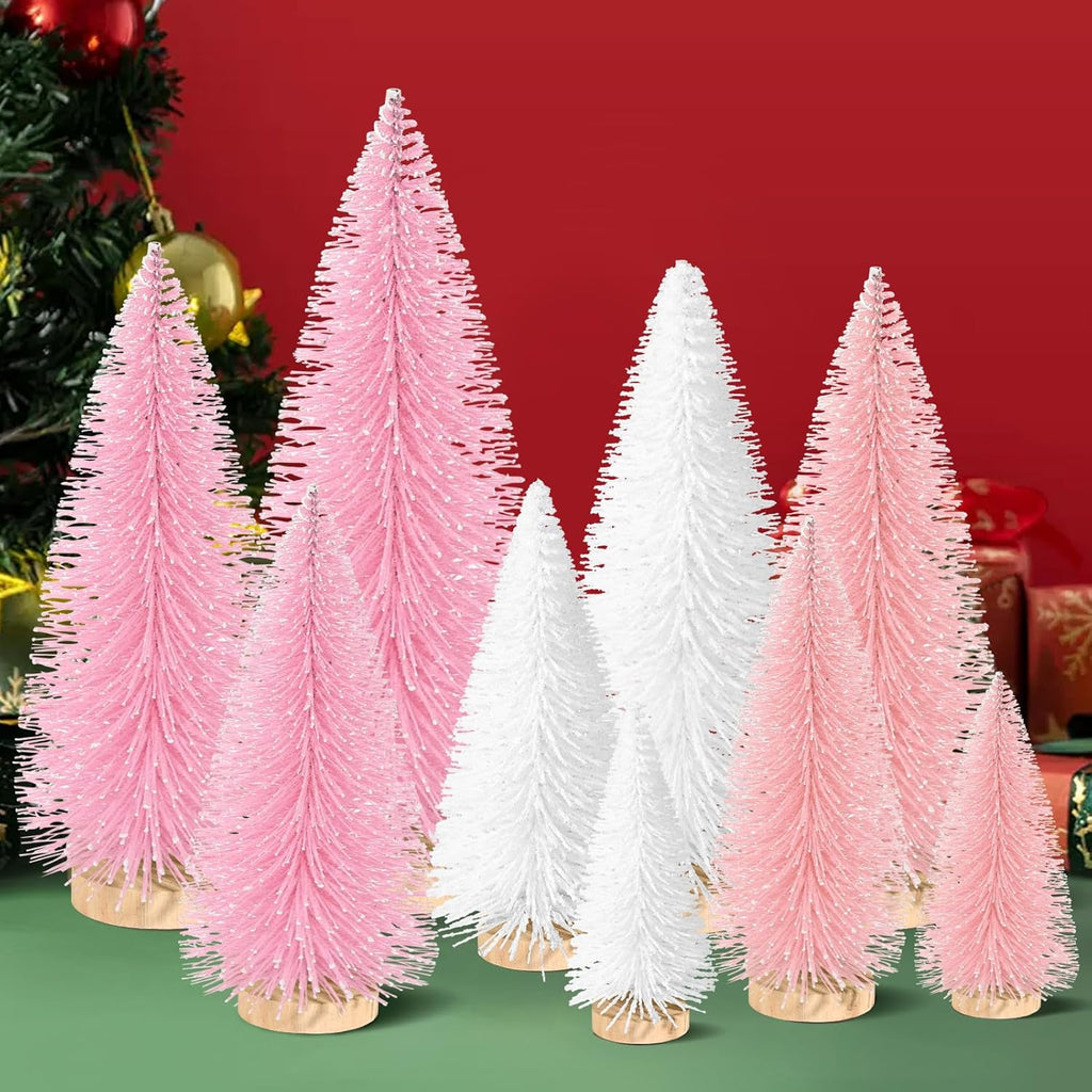 9Pcs Mini Christmas Trees Christmas Decor Artificial Christmas Decorations with 4 Sizes, Christmas Tree Bottle Brush Trees Christmas Table Decorations (Pink Light Pink White)