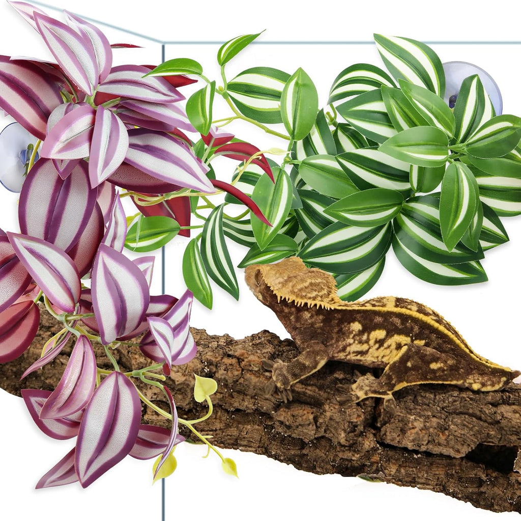 2 Pack Reptile Plants, Artificial Hanging Plants with Suction Cups, Habitat Decor Plastic Vines Decorations for Bearded Dragons Lizards Snake Geckos Frogs -Purple and Green