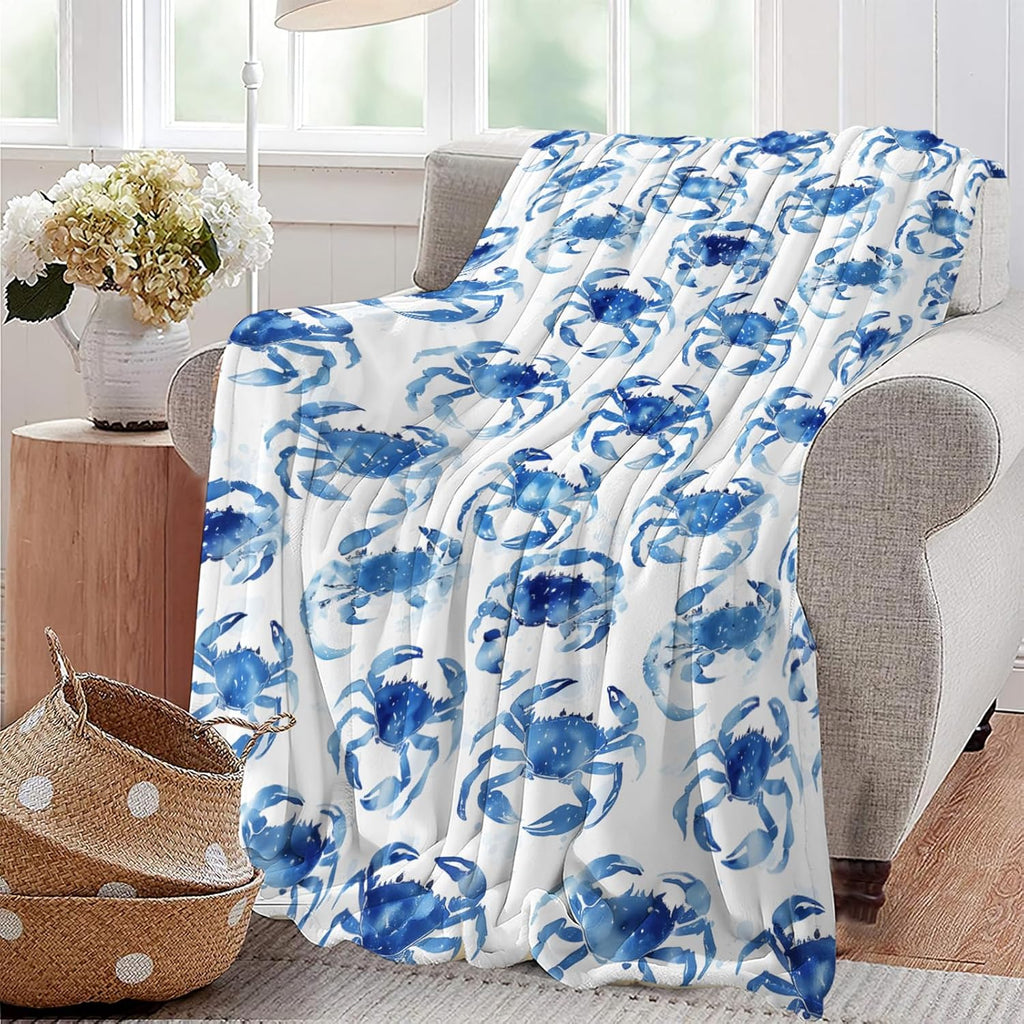 Crab Throw Blanket Nautical Ocean Beach Coastal Print Throw Blankets Gifts for Couch Sofa Bed Stuff Decor Lightweight Soft Cozy Fleece Plush Warm Flannel Bedding for Lover Men Women 50"x60"