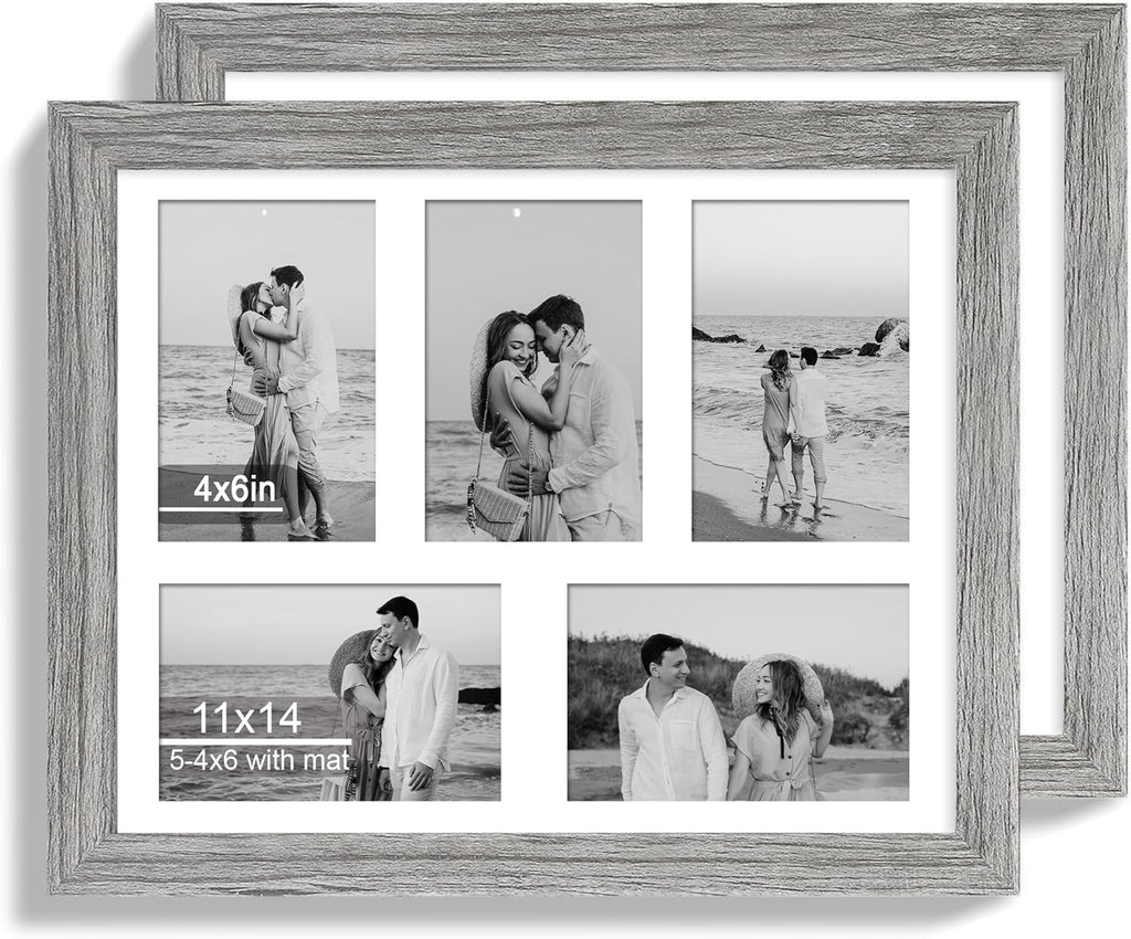 11x14 Picture Frame Set of 2, Grey Wood Frame with Real Glass Collage Picture Frames, Display Pictures Five 4x6 With Mat or 11 x 14 Without Mat, Photo Frames Wall Gallery