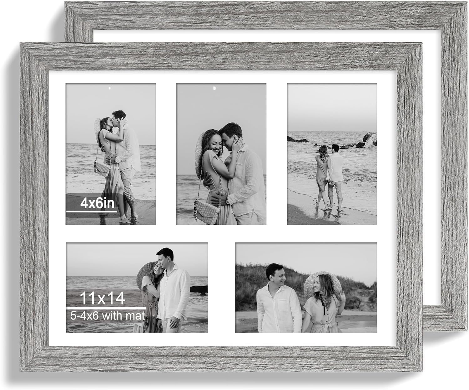 11x14 Picture Frame Set of 2, Grey Wood Frame with Real Glass Collage Picture Frames, Display Pictures Five 4x6 With Mat or 11 x 14 Without Mat, Photo Frames Wall Gallery
