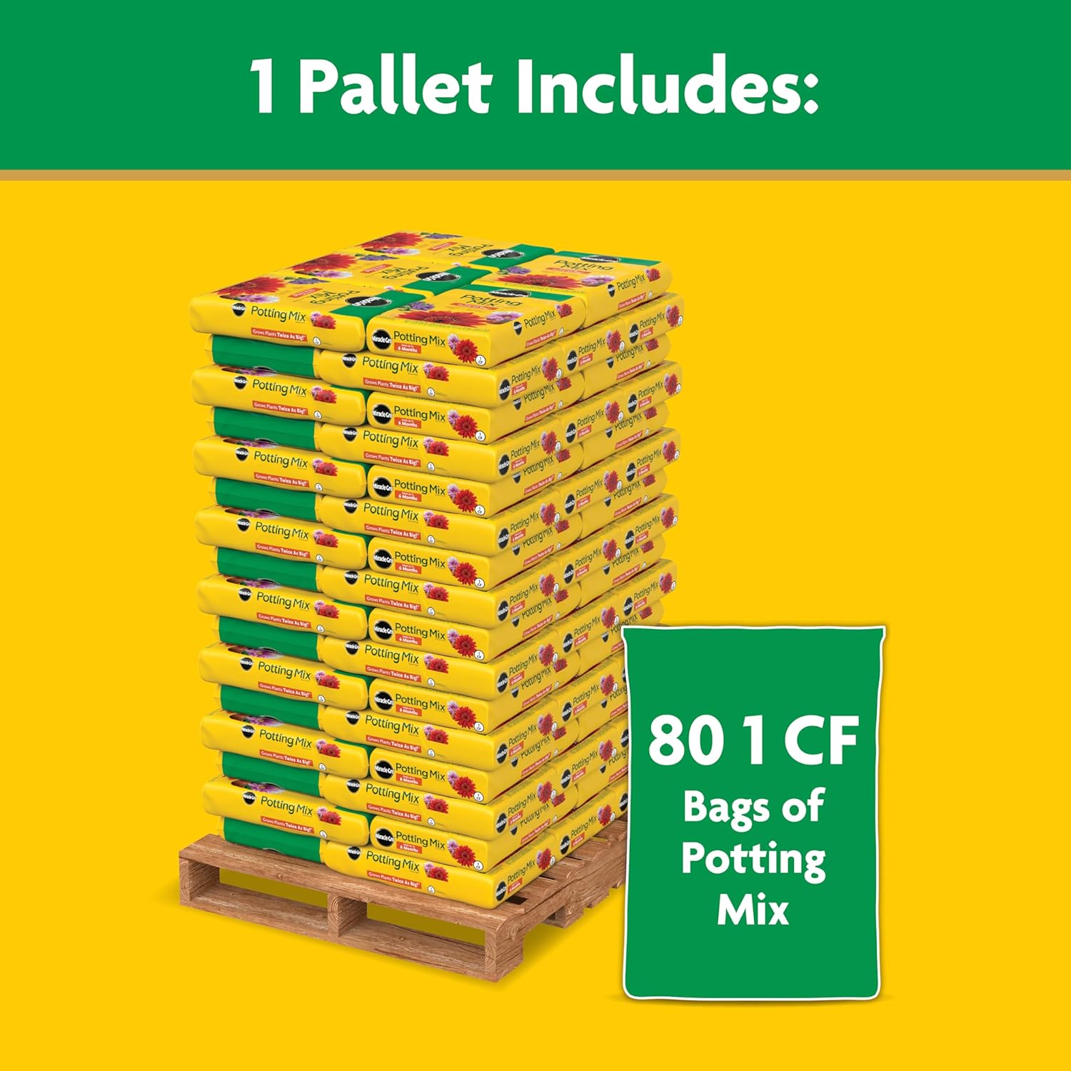 Miracle-GRO Potting Mix Bulk Pallet, for Container Plants, Flowers, Vegetables, Shrubs, Annuals, Perennials, 1 cu. ft. Bags, Pallet of 80
