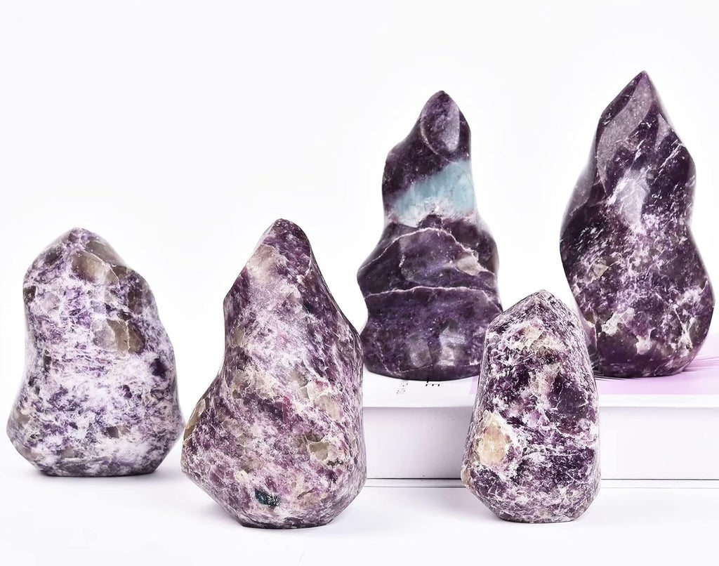 AMOYSTONE Purple Lepidolite Crystals Tower Flame Shaped Stone Energy Meditation Healing Crystal Home Decor 0.6-1.0 Pound