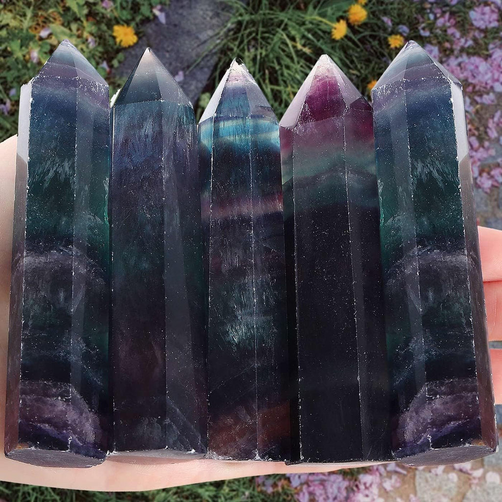 LAIDANLA Fluorite Healing Crystals Wands 3.5-4" Polishing Natural Reiki Energy Wand Stone Hexagonal Point Obelisk Large Crystal Gemstones for Meditation Therapy Crystal Grid Gifts Decoration 1Pcs