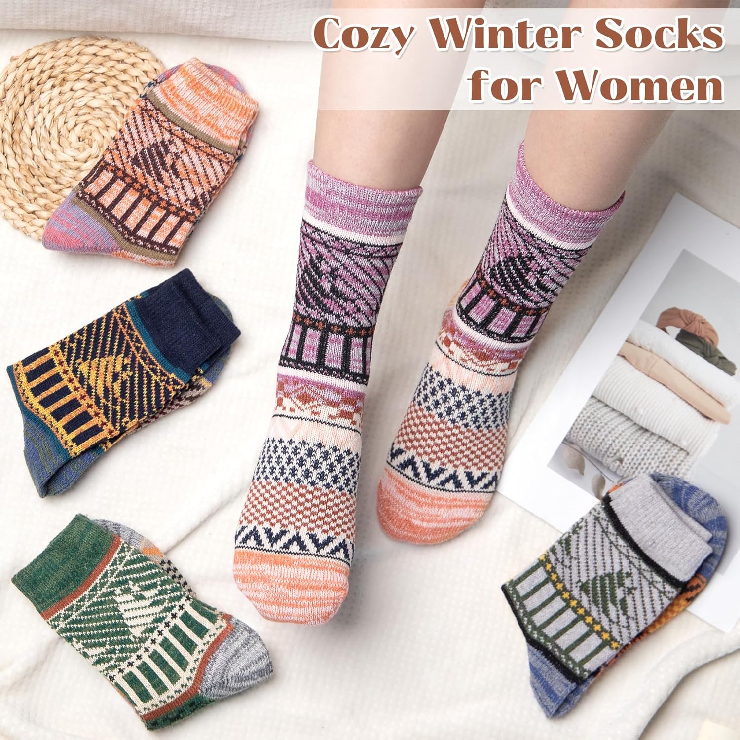 Justay 5 Pairs Wool Socks for Women - Winter Thick Boot Cozy Crew Vintage Soft Calf Knit Warm Socks Gifts