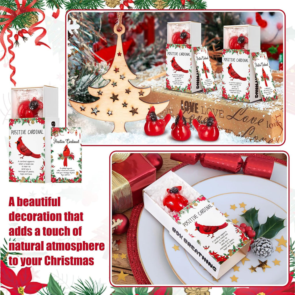 Thyle 50 Set Christmas Employee Appreciation Gifts Bulk Mini Resin Red Cardinal Bird Figurines Christmas Party Favors Set Including Resin Red Cardinal, Mini Box, Positive Cards and Fake Snowflake