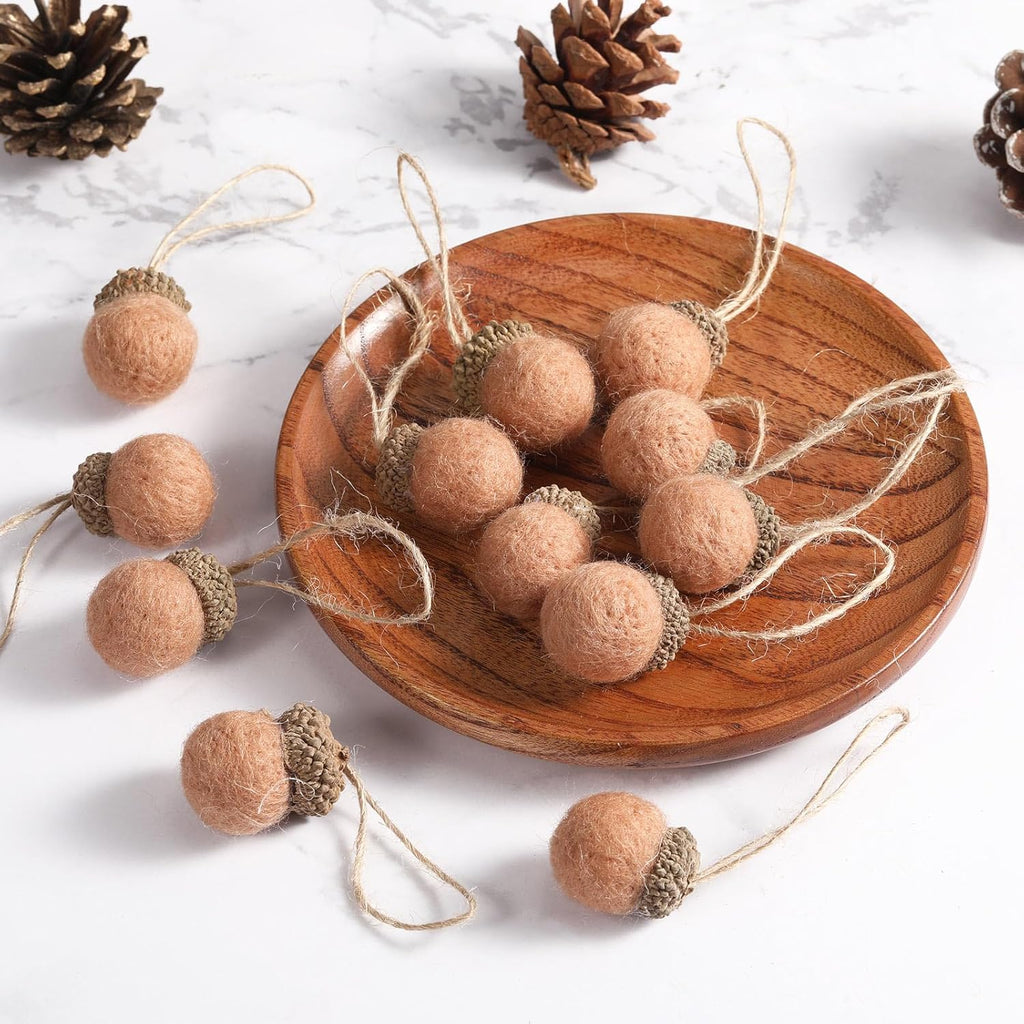 Boao 18 Pcs Felt Acorn Ornaments Christmas Thanksgiving Wool Pom Acorn Ball Decor Hanging Pine Cone Garland with 32.8 ft Rope for Fall Tree Woodland Farmhouse Mantel Wall Decor