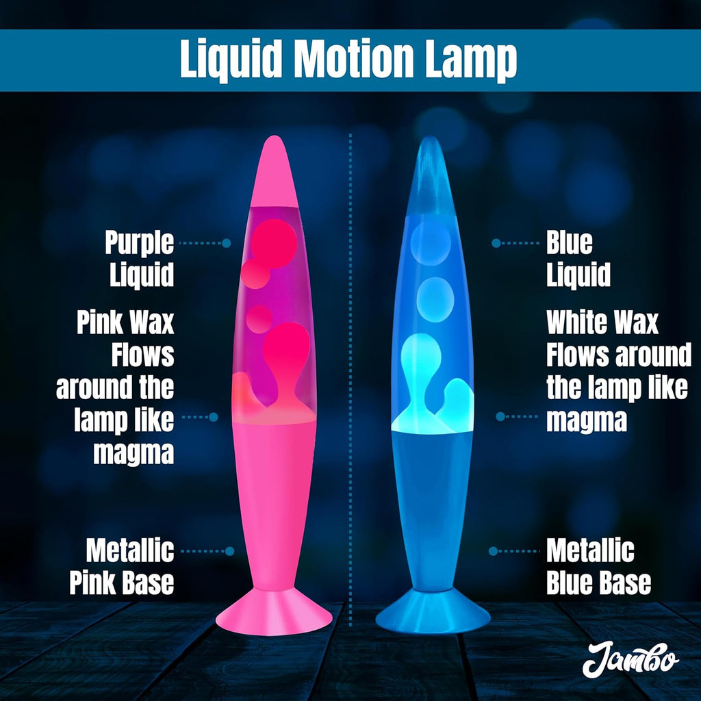 JAMBO 2 Pack- 16" Beautiful Lamp- Blue with Blue/White Wax and Purple with Pink Wax, Relaxing Liquid Lamp, Night Light Nightlight, Lamps for Adults Teens Kid