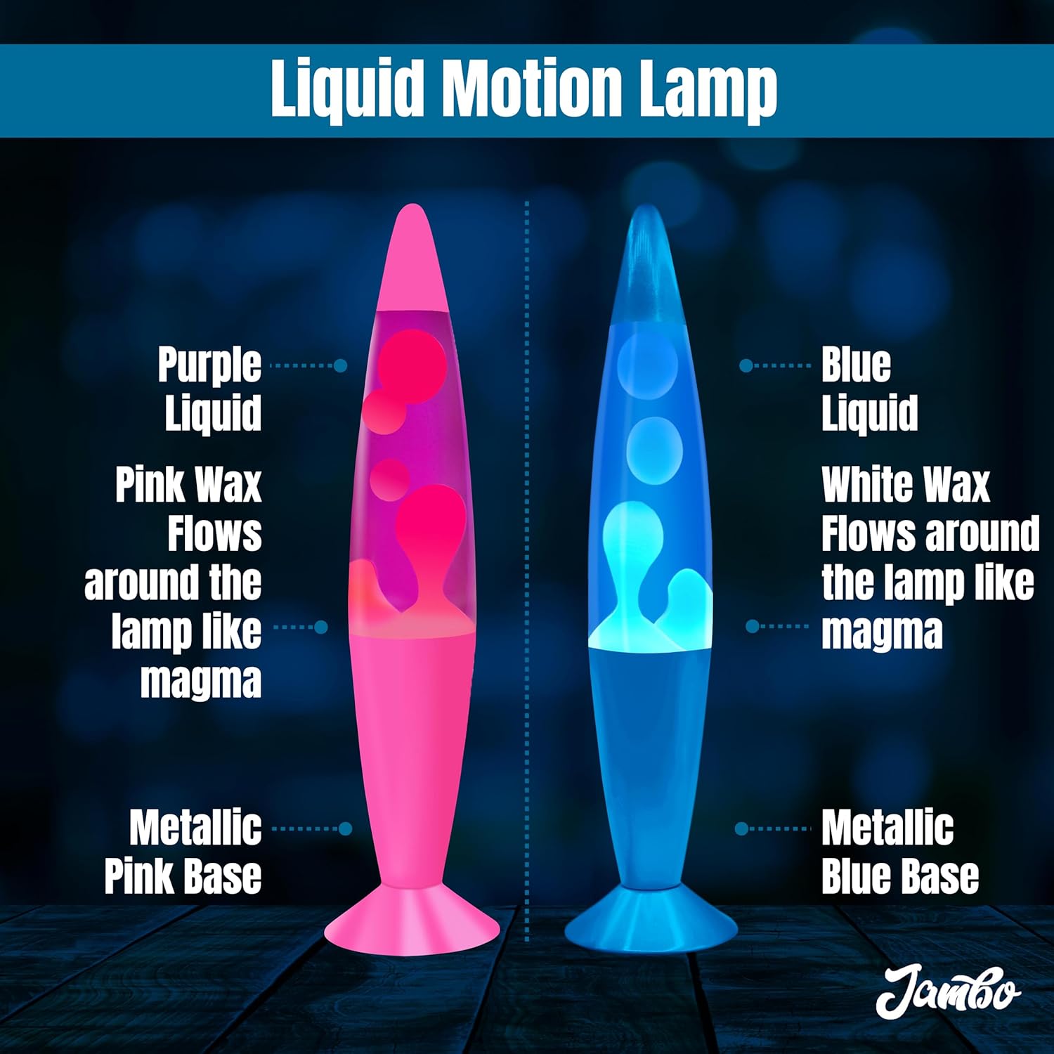 JAMBO 2 Pack- 16" Beautiful Lamp- Blue with Blue/White Wax and Purple with Pink Wax, Relaxing Liquid Lamp, Night Light Nightlight, Lamps for Adults Teens Kid