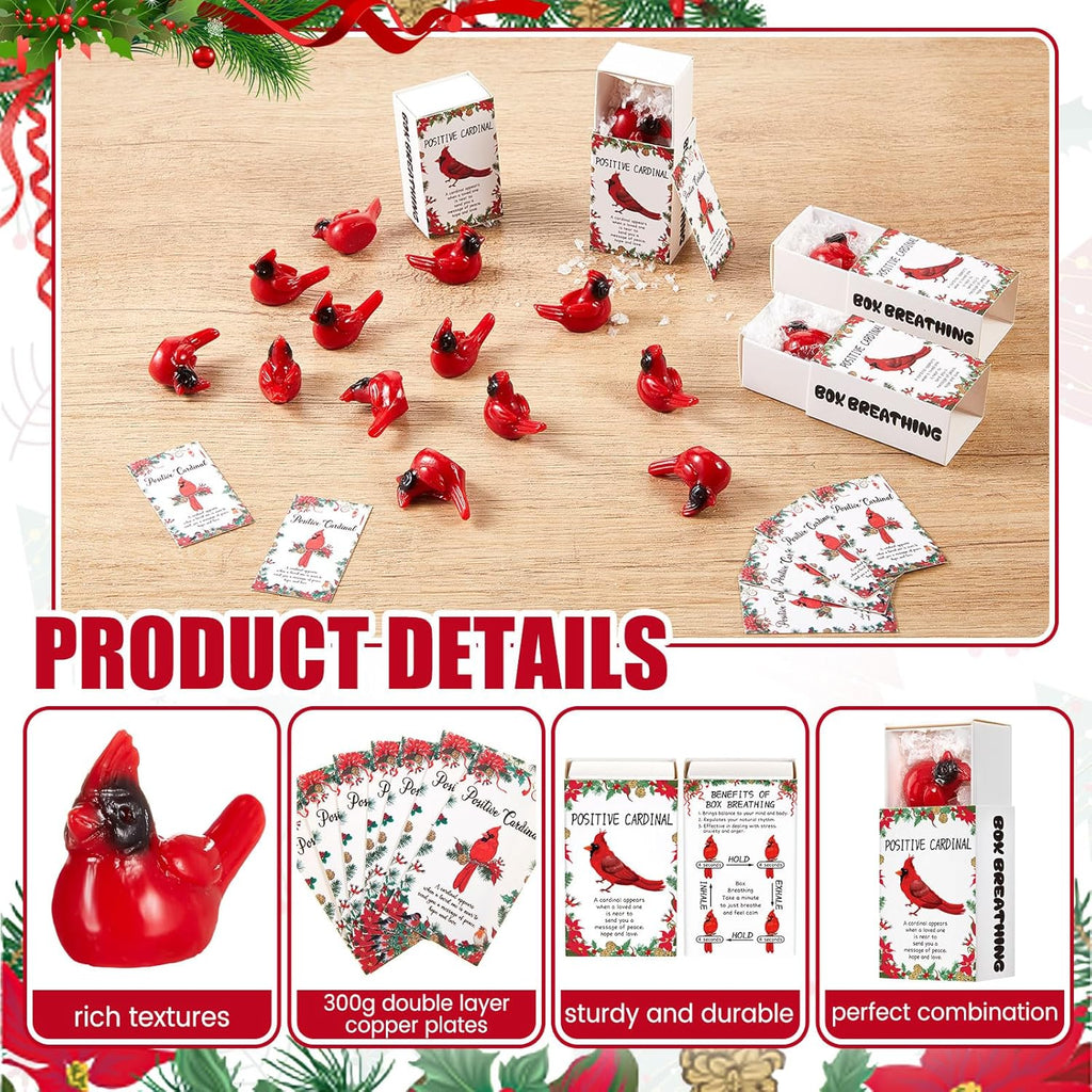 Thyle 50 Set Christmas Employee Appreciation Gifts Bulk Mini Resin Red Cardinal Bird Figurines Christmas Party Favors Set Including Resin Red Cardinal, Mini Box, Positive Cards and Fake Snowflake