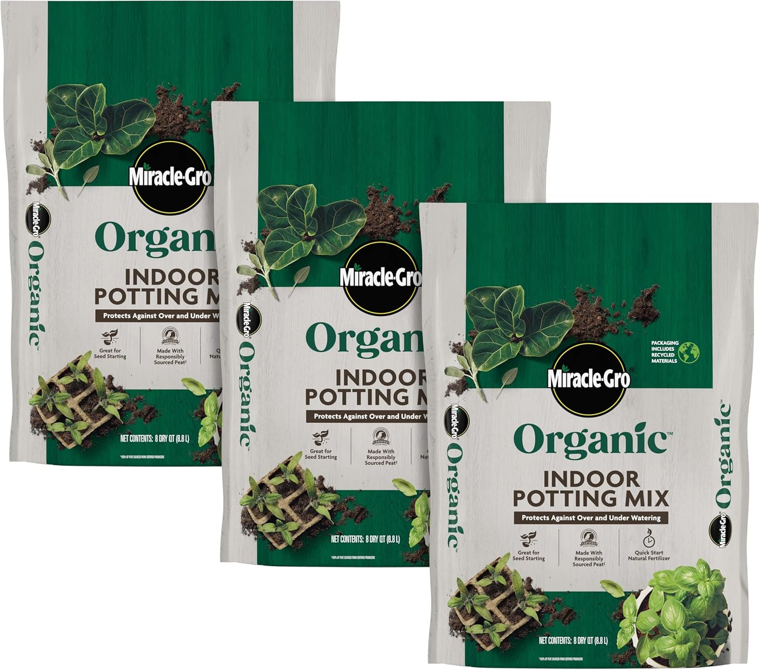 Miracle-GRO Organic Indoor Potting Mix, Protects Against Over and Under Watering, for Indoor Container Plants, Houseplants and Starter Plants, OMRI Listed, 8 qt., 3-Pack