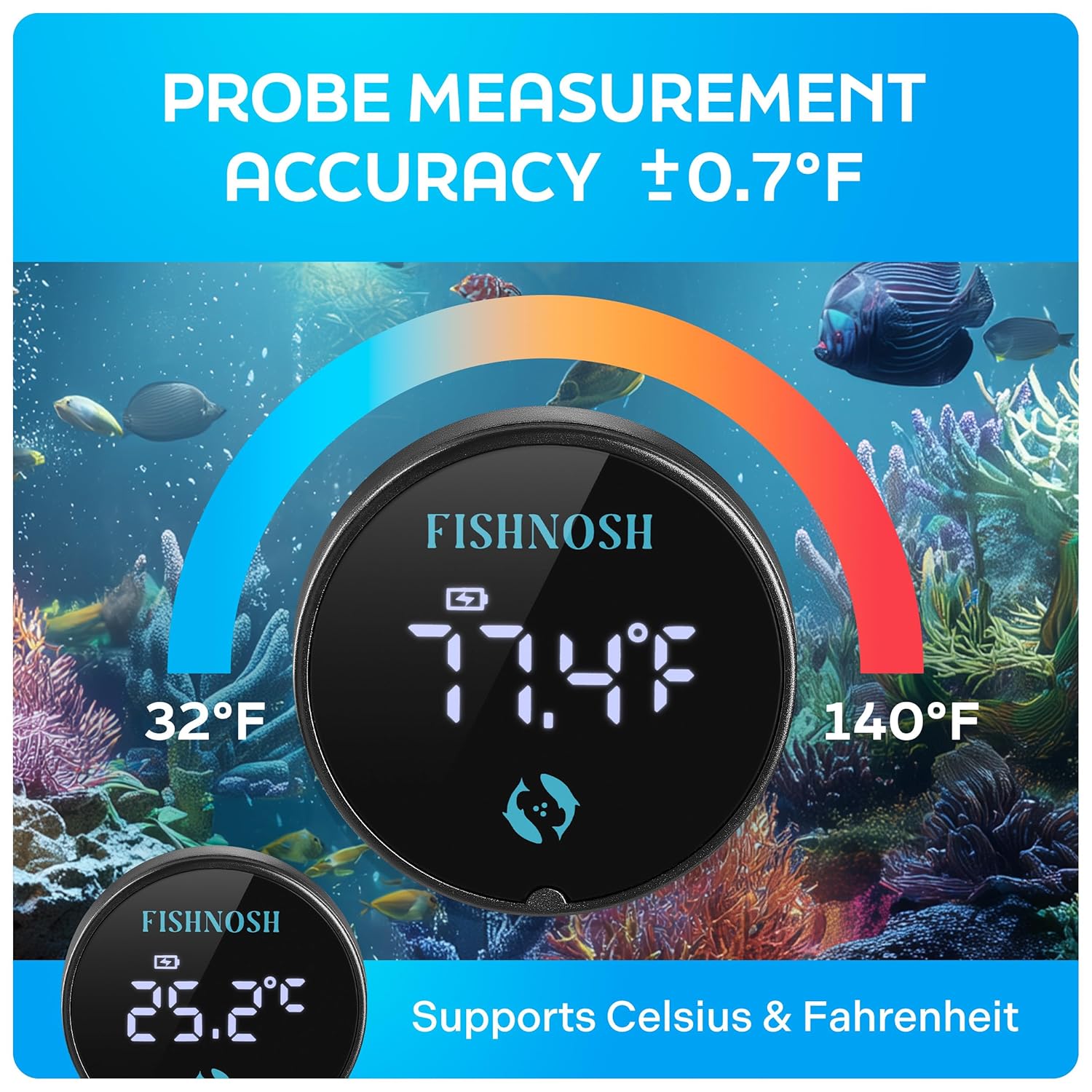 FISHNOSH Aquarium Thermometer | Rechargeable USB Type-C Fish Tank Thermometer w/Glowing Digits, Battery Indicator, Smart Sensor Positioning | 2.5” x 0.5” Fish Tank Temperature Gauge w/Charging Cable