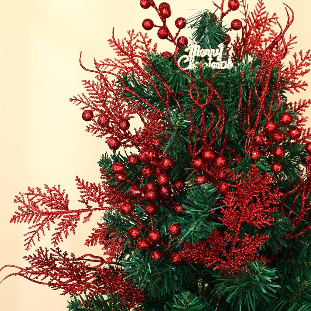 75 Pcs Christmas Glitter Branches 3 Styles Artificial Christmas Picks Berries Stems Pine Needles Floral Twig Spray for Xmas Tree Ornaments DIY Wreath Garland(Red)