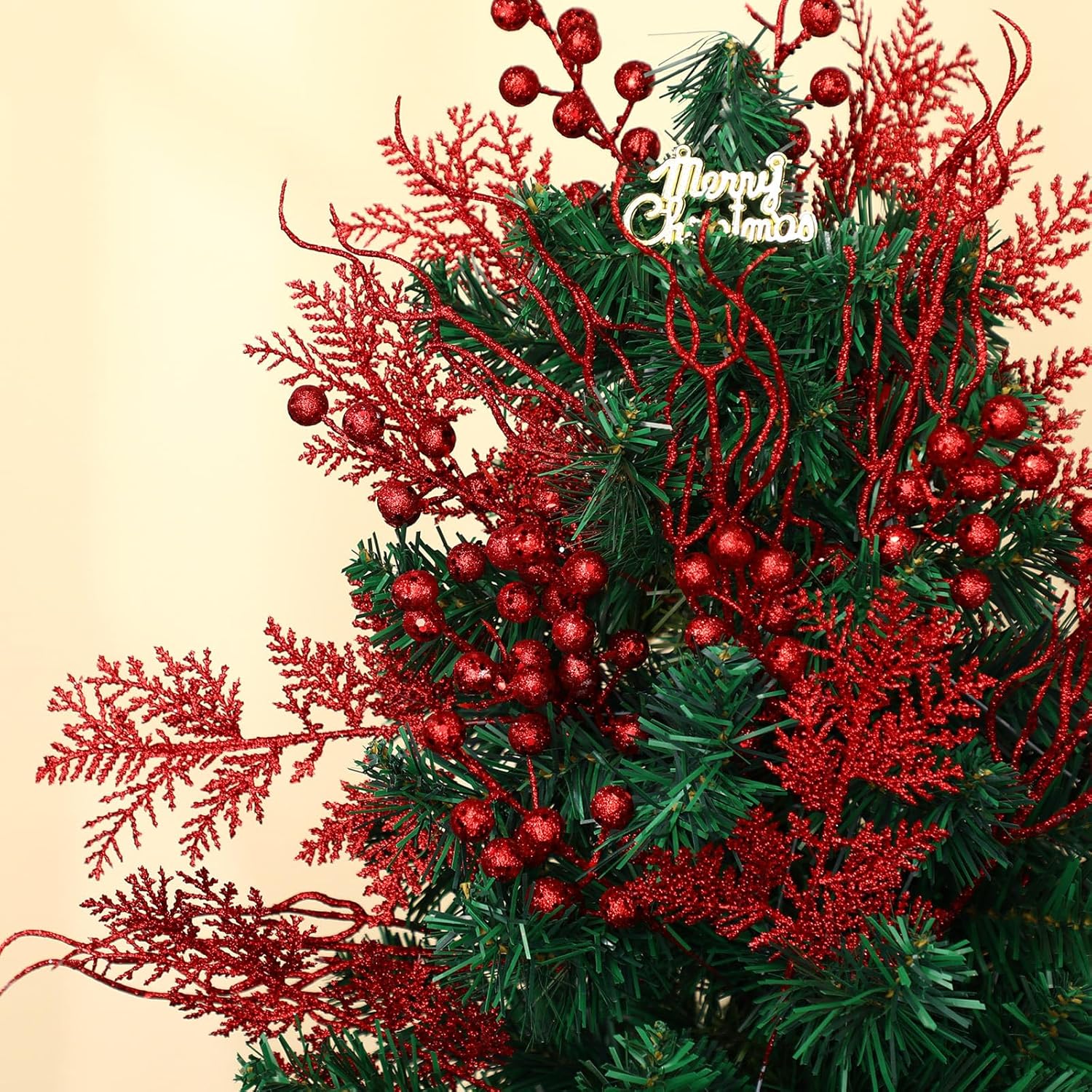 75 Pcs Christmas Glitter Branches 3 Styles Artificial Christmas Picks Berries Stems Pine Needles Floral Twig Spray for Xmas Tree Ornaments DIY Wreath Garland(Red)