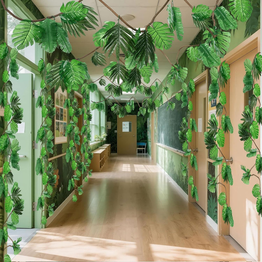 Preboun 20ft Jungle Theme Party Decorations Tropical Rainforest Leaves Safari Artificial Rattan Decoration with 100 Pcs Fake Tropical Palm Leaves for Indoor Outdoor Forest Garden Party Decor