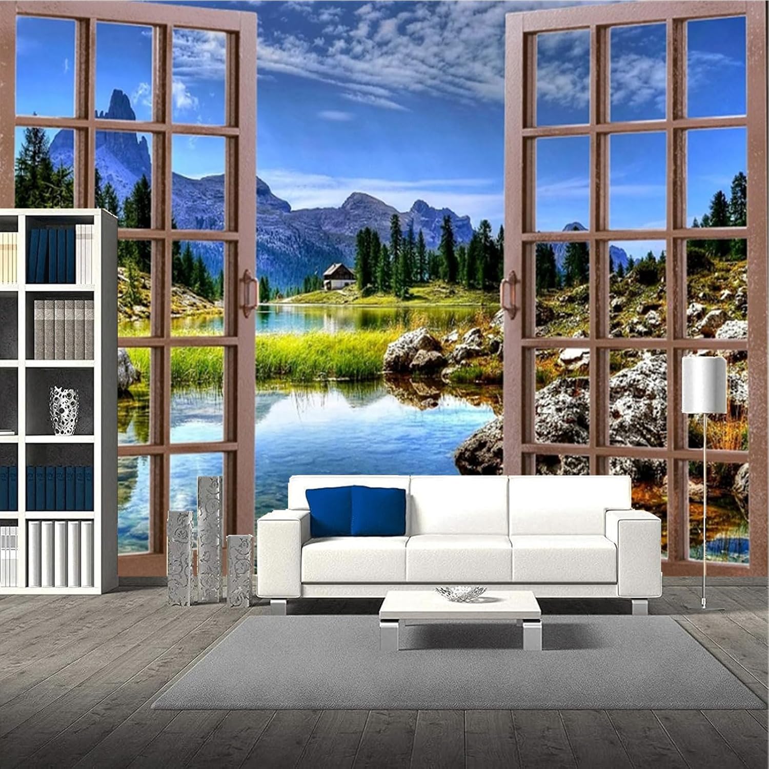 Fabric 10x8ft Lake Scenery Backdrop for Photography Rustic Wooden Window Mountain Rock Lake Photo Background Natural Outdoor Landscape Decoration Tapestry Wallpaper Kids Adults Shoot Props