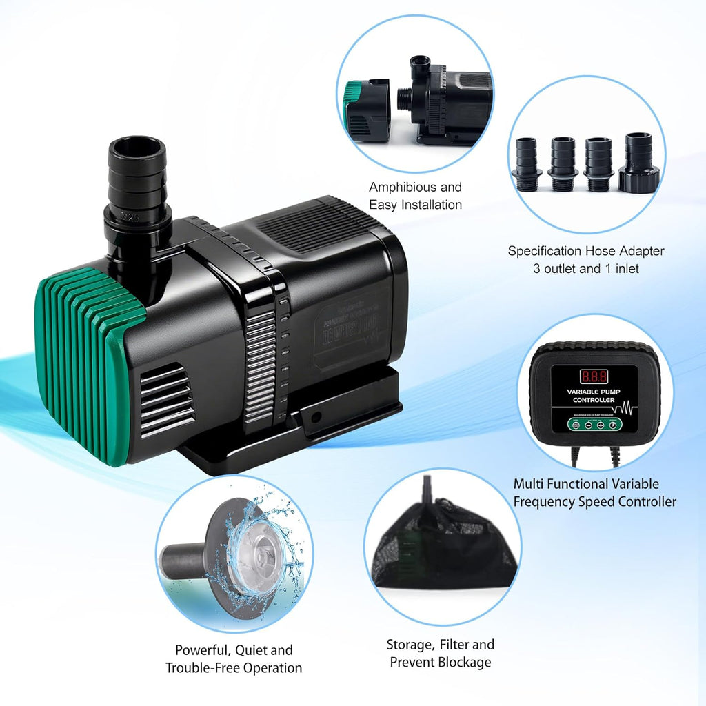 Luckerain Aquarium Pump 800 GPH Fish Tank pump with Controller Submersible External Amphibious Hydroponic Pump for Salt Fresh Water Koi Pond Garden Waterfall Circulation