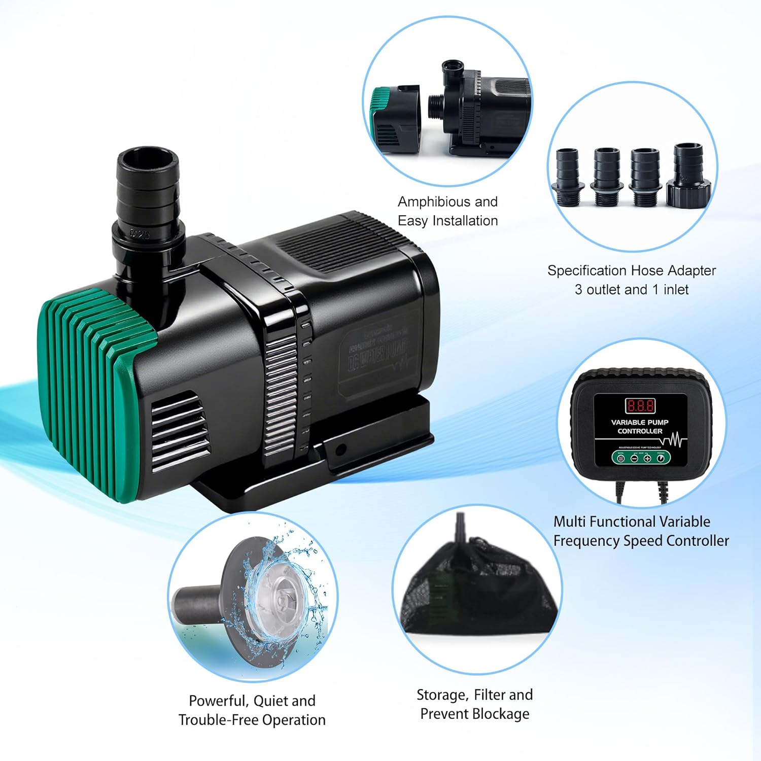 Luckerain Aquarium Pump 800 GPH Fish Tank pump with Controller Submersible External Amphibious Hydroponic Pump for Salt Fresh Water Koi Pond Garden Waterfall Circulation