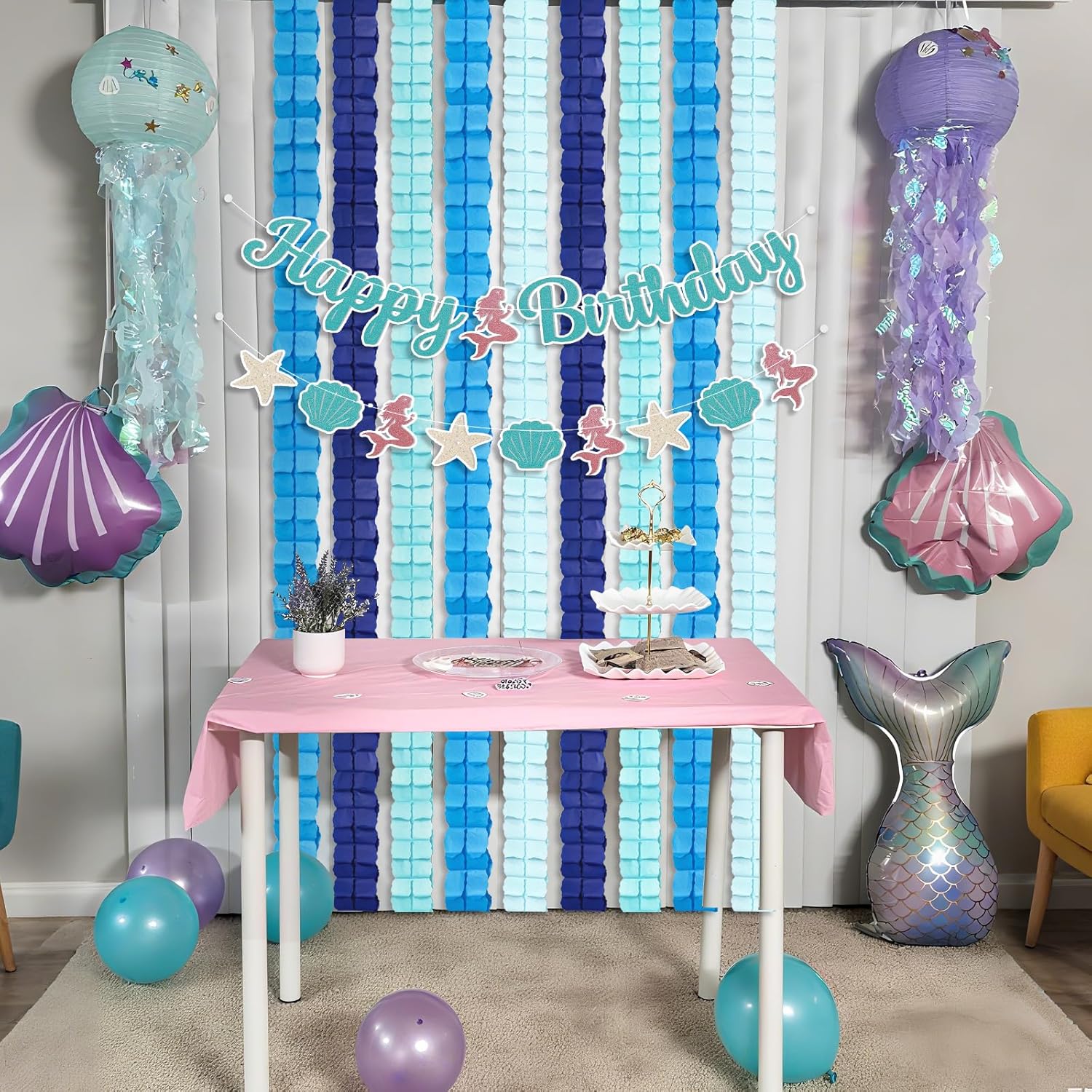 12 Pcs Blue Paper Garland Streamers Decorations, Navy Sky Teal Gradient Backdrop Decor 9.8ft Ready-to-Hang 4-Leaf Design for Graduation Mamma Mia Under The Sea Boy Birthday Party Supplies